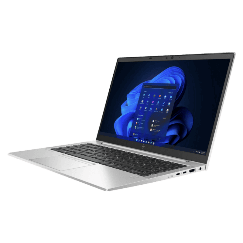 Laptop with Windows 11 operating system displaying the start menu, set against a plain gray background. Perfect for technology enthusiasts and office use, featuring a sleek, modern design.